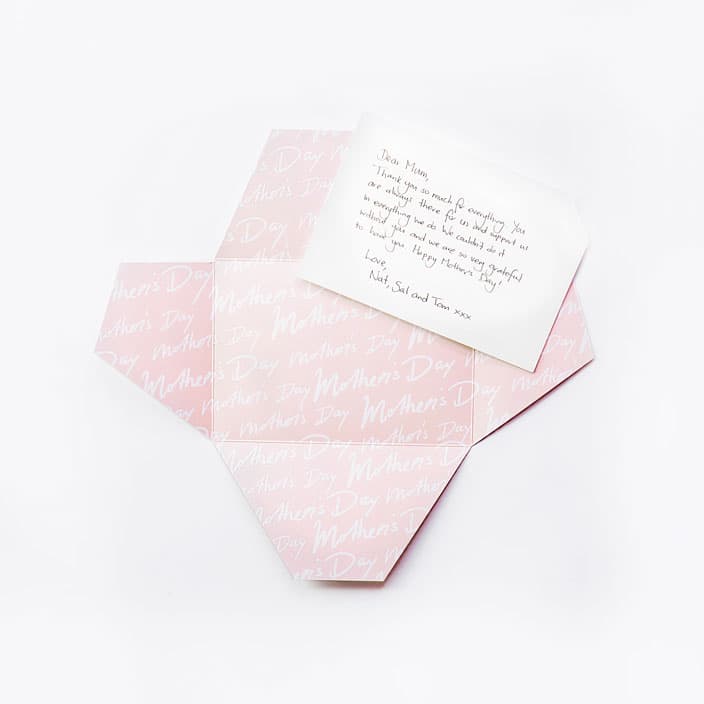 Signature Thankly Card for Mothers day. White "Mothers Day" cursive font on a light pink background.
